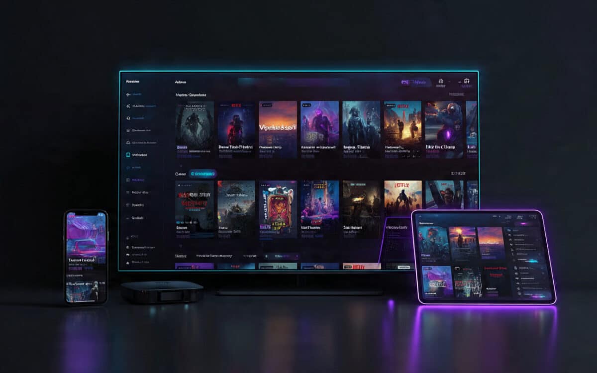 IPTV Smarters Pro displaying streaming dashboard on multiple devices